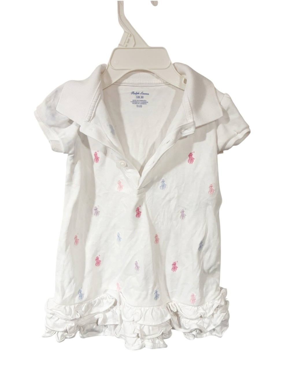 Polo Ralph Lauren Ruffled Polo Dress White Multi Color Pony Size 12 Months
